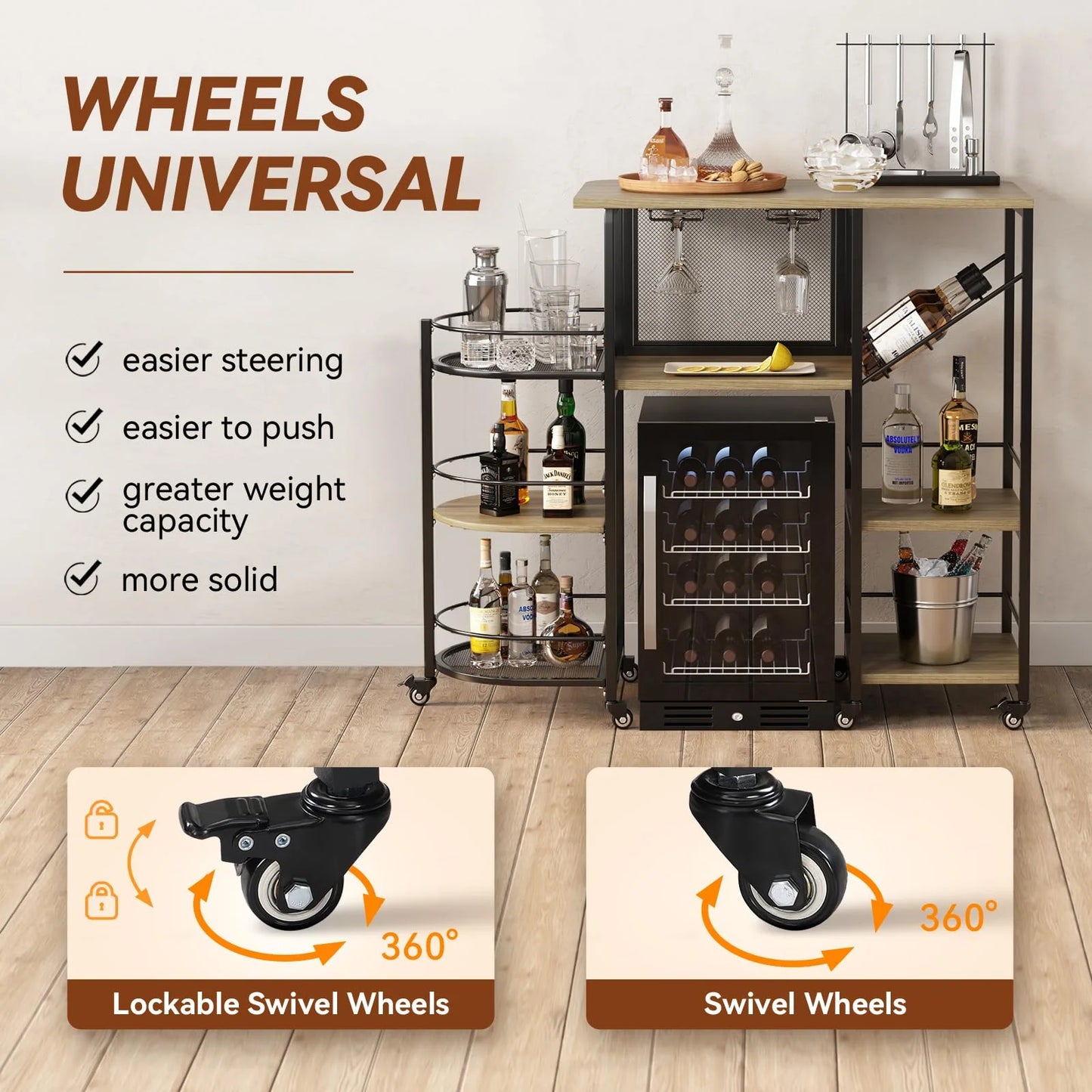 Bar Cart, Home Bar Service Cart with Wine Rack and Glass Holder, Kitchen Cart with Rolling Wheels, Metal Bar Rack with 7 Tiers Storage for Home, Kitchen, Living Room, Dining Room (Brown)