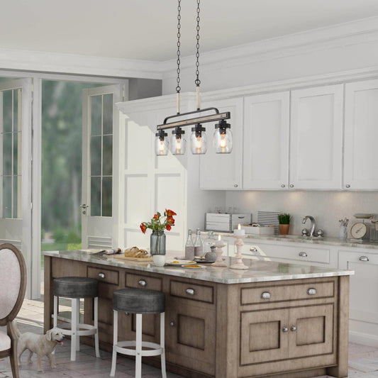 LaLuz Modern Farmhouse 4-Light Mason Jar Glass Chandelier for Kitchen Island 4 lights 25 to 36 Inches