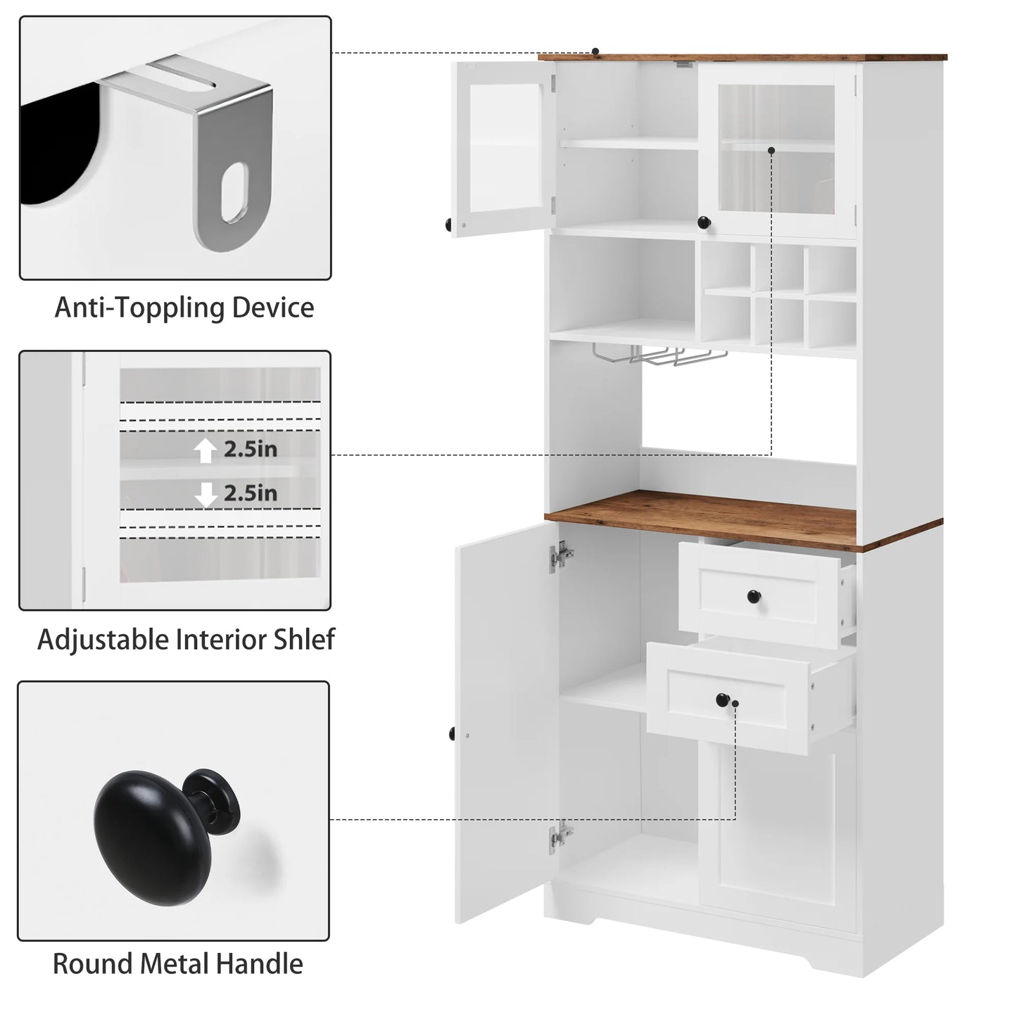 Homfa 75.2'' Kitchen Pantry Storage Cabinet with Wine Rack & Adjustable Shelf, 2 Drawer Modern Farmhouse Buffet with Glass Door for Dining Room Living Room, Black