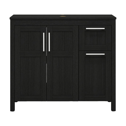 PULUOMIS 36 Inches Bathroom Vanity in Black Finish with Glass Boat-Shaped Vessel Sink, Single Bathroom Vanity with Top, 2-Door Cabinet and 2 Drawers