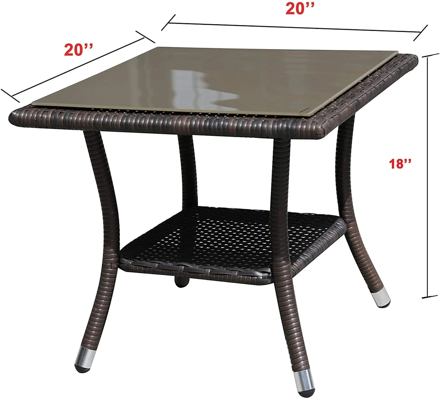 Outdoor End Table Rattan Square Glass Top, Aluminum Frame, Espresso Brown