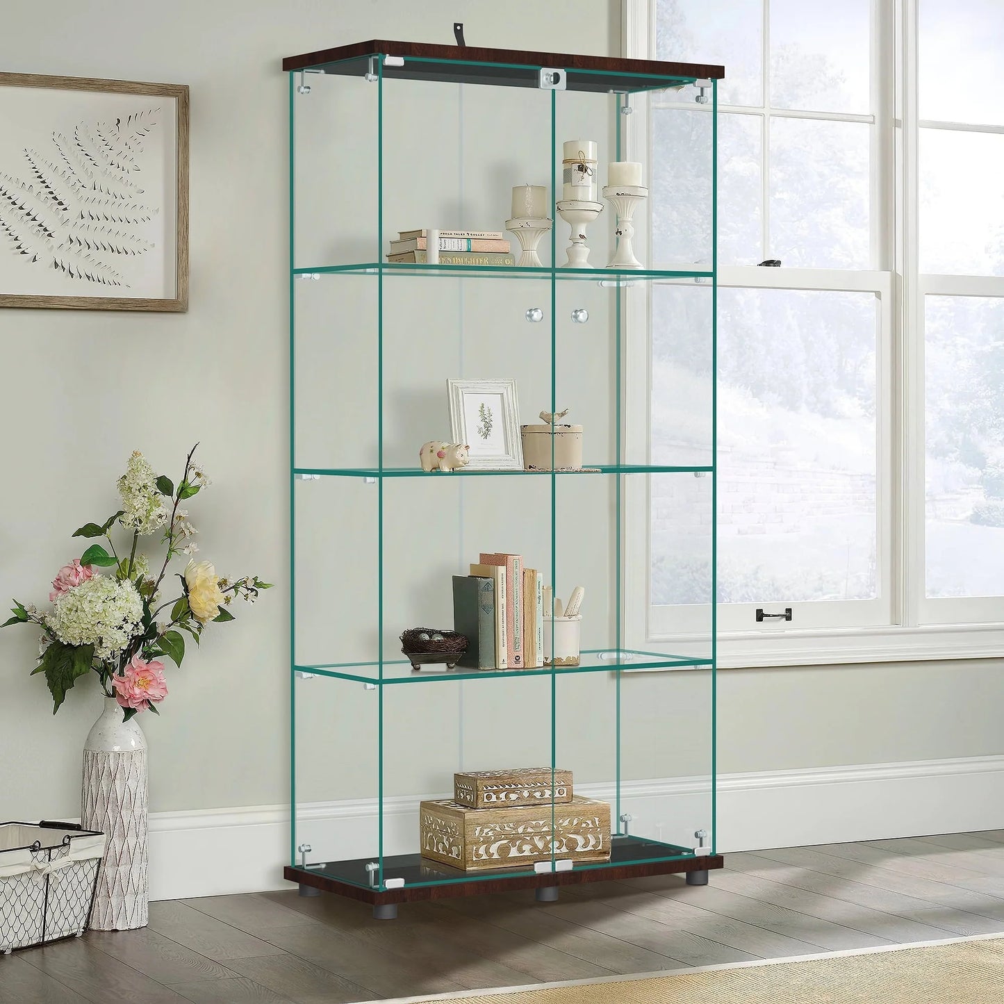 NeuType Glass Display Cabinet Bookcase Glass Frame Bookshelf Brown Double door 64.5"x32"x14.4"