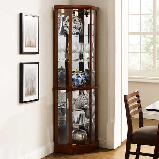 Walnut Cabinet With 6 Shelves, Adjustable Glass & Mirrored Back Design Shelf Lighted Corner Curio Shelves In