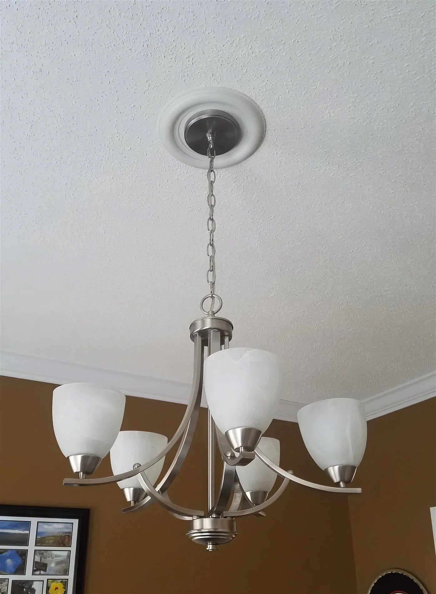 Kira Home Weston 24" 5-Light Hanging Chandelier + Alabaster Glass Shades, Adjustable Chain, Brushed Nickel