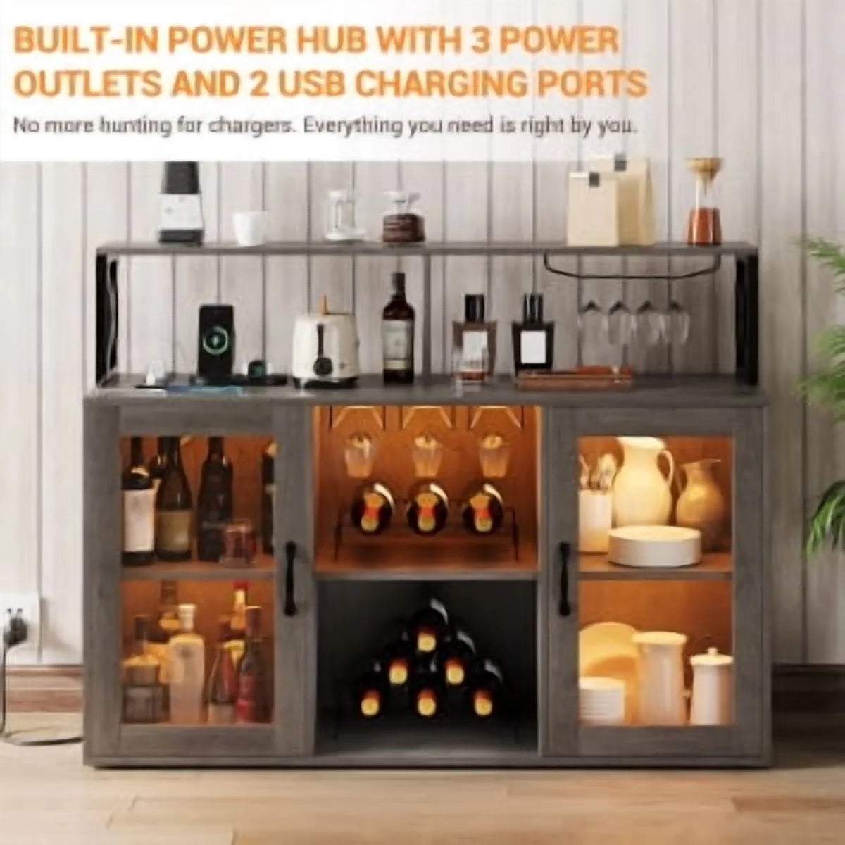 Historyli Wine Cabinet with LED Light,Bar Cabinet with Wine Rack,Glass Holder,and Power Outlets,for Living Room Office,Black
