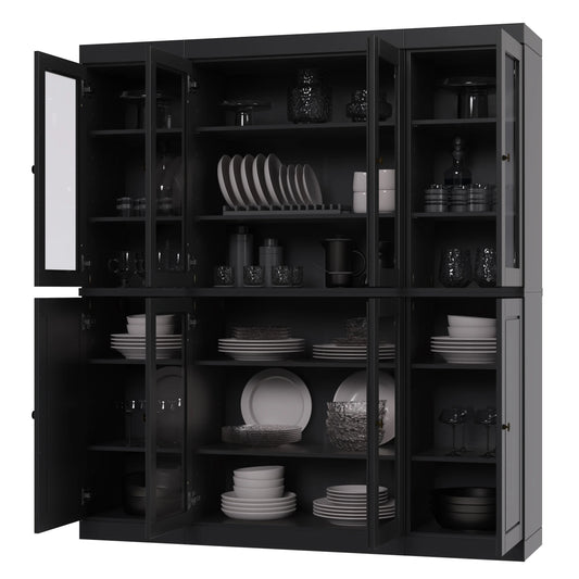 Palace Imports 100% Solid Wood Kitchen Pantry Storage Cabinet with Glass Doors and Adjustable Shelves, Black