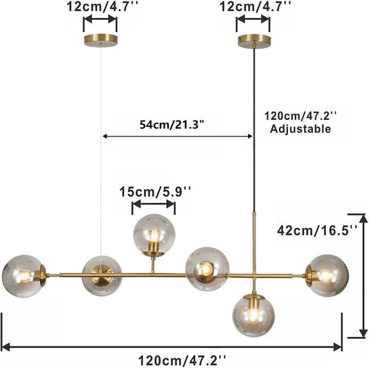 KCO Lighting 6-Light Smoke Glass Sputnik Chandelier Brass Gold Linear Pendant Lighting