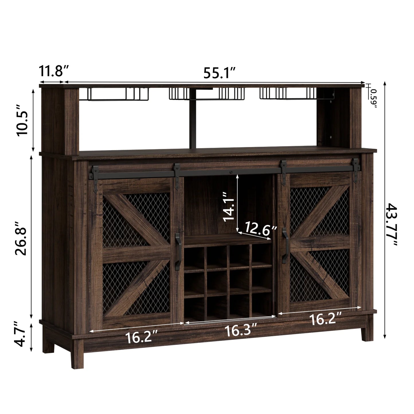 Waleaf Farmhouse Coffee Bar Cabinet with LED Lights, 55" Wine Bar Buffet Cabinet w/Sliding Barn Door & Wine and Glass Rack for Dining Room