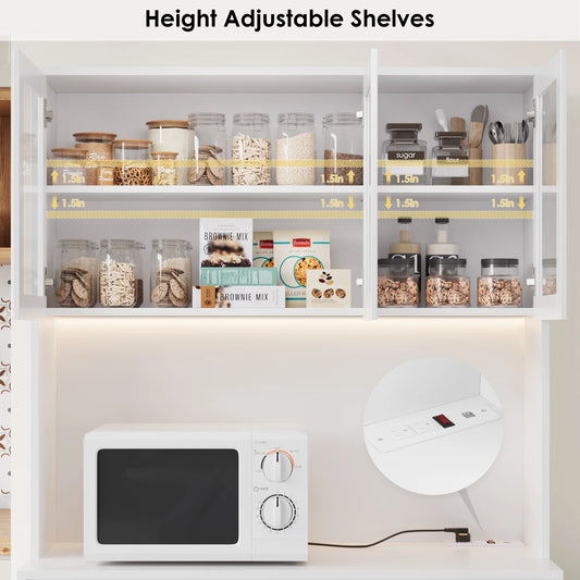 Homfa 70.9'' Kitchen Pantry Cabinet with Charging Station and LED Light, 3 Drawers Buffet Storage Cabinet with Glass Doors and Adjustable Shelves, White
