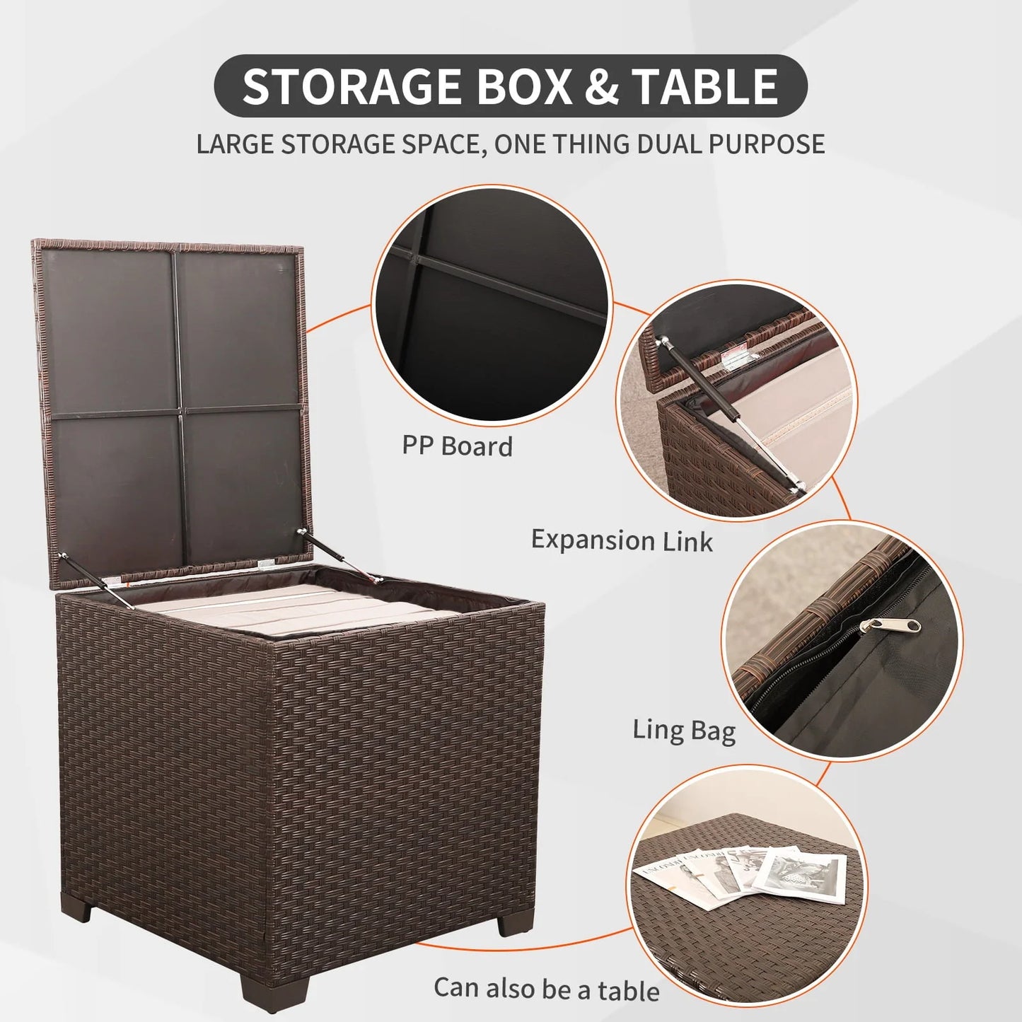 Waroom 6 Pieces Outdoor Furniture Patio Set with Storage Box,Glass Coffee Table,Khaki