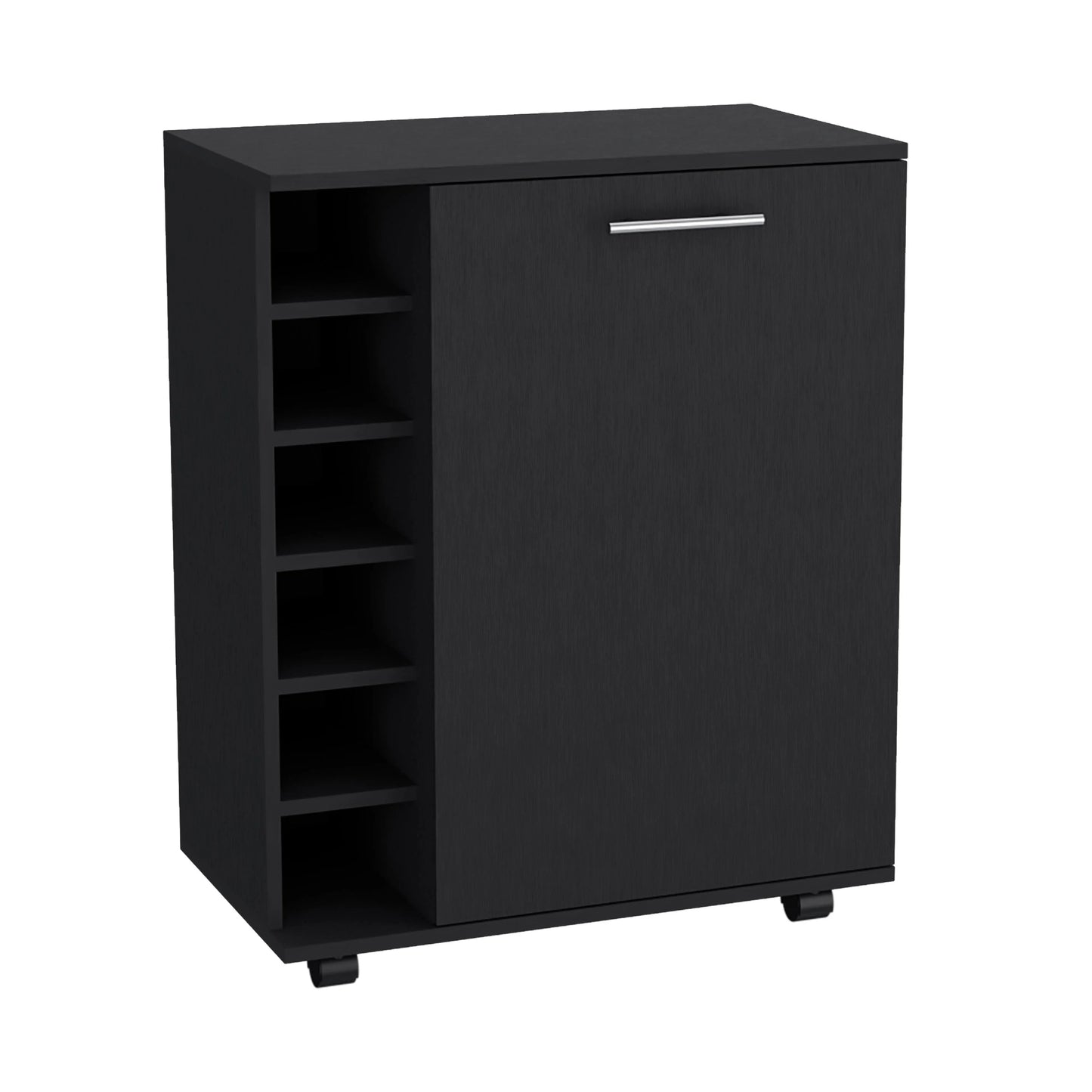 TUHOME Wick Bar Cart with Wine Rack, Glass Storage, Cabinet, and Rollers, Black