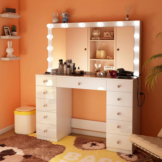 Linor Modern Adult Vanity Desk Set with Mirror, 14 LED Lights, 11 Drawers, Glass Top, White