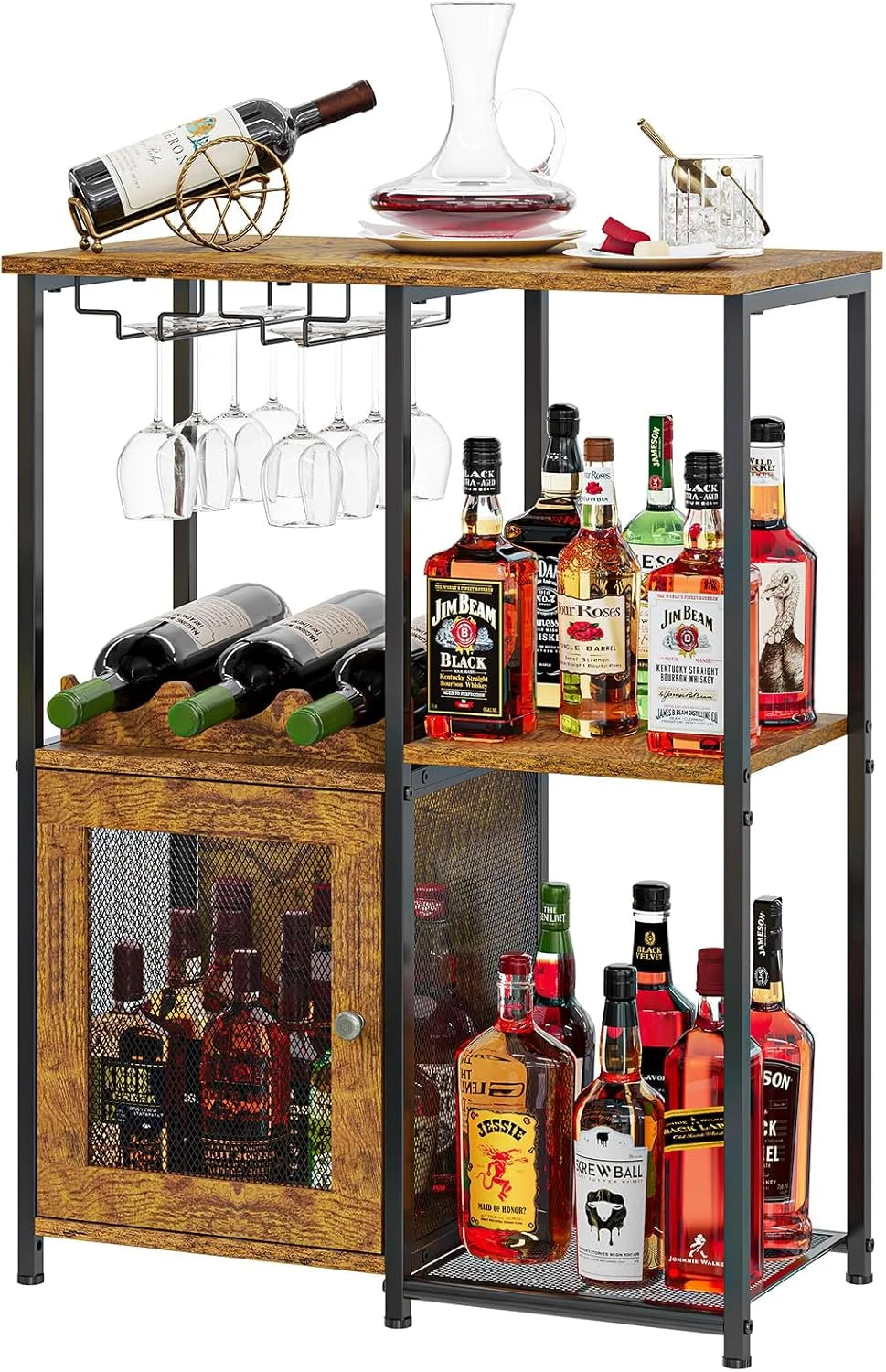 Bar Cabinet with Detachable Wine Rack, Liquor Shelf for Home Bar, Mini Bar Table with Glass Holder, Small Sideboard and Buffet with Mesh Door for Small Space, Rustic Brown