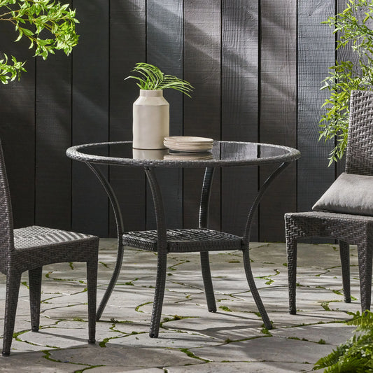 GDF Studio Jeremy Outdoor Wicker Dining Table with Glass Top, Gray and Smoky