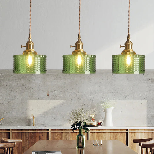 Arturesthome Classic Vintage Green Glass Pendant Light Cylinder Wavy Small Light Fixture