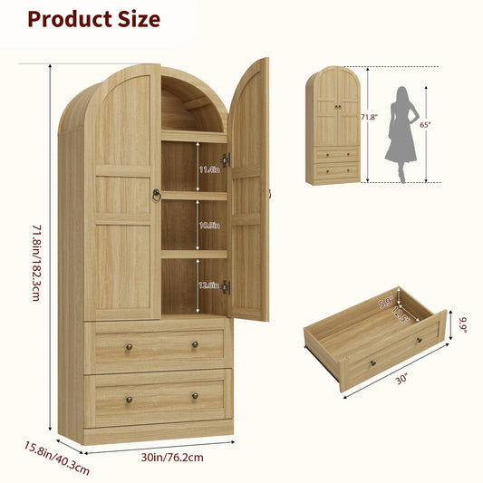 72" Tall Arched Kitchen Pantry Cabinet,Farmhouse Wood Pantry Storage Cabinet with 2 Large Drawers,Glass Door,Freestanding Versatile Pantry Cabinets Kitchens Storage Cabinets for Dining,Living Room