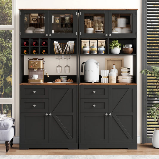 Homfa 75.2'' Kitchen Pantry Storage Cabinet with Wine Rack & Adjustable Shelf, 2 Drawer Modern Farmhouse Buffet with Glass Door for Dining Room Living Room, Black