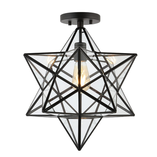 JONATHAN Y Ava 14.5" 1-Light Farmhouse Bohemian Iron/Glass LED Semi Flush Mount, Black/Clear
