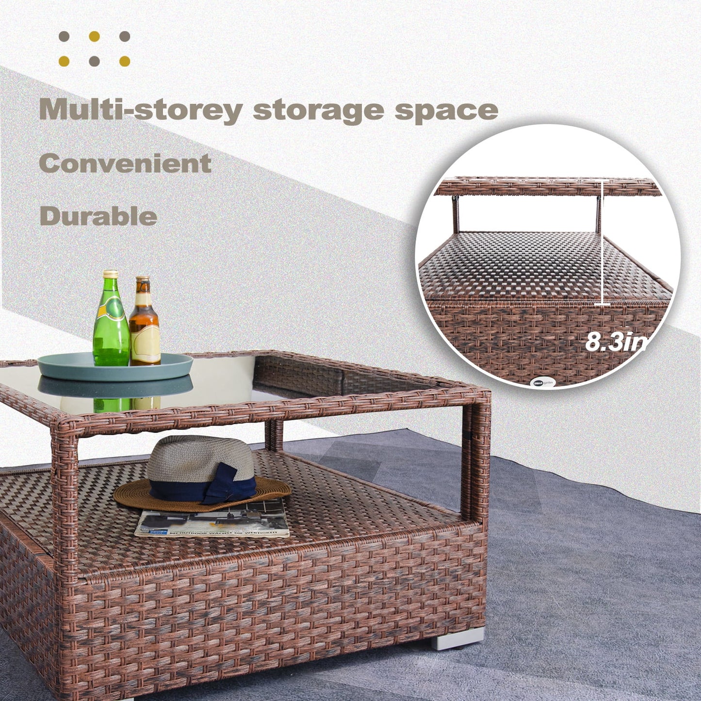 DIMAR GARDEN Outdoor Wicker Coffee Table with Glass top and Storage, Mixed Brown