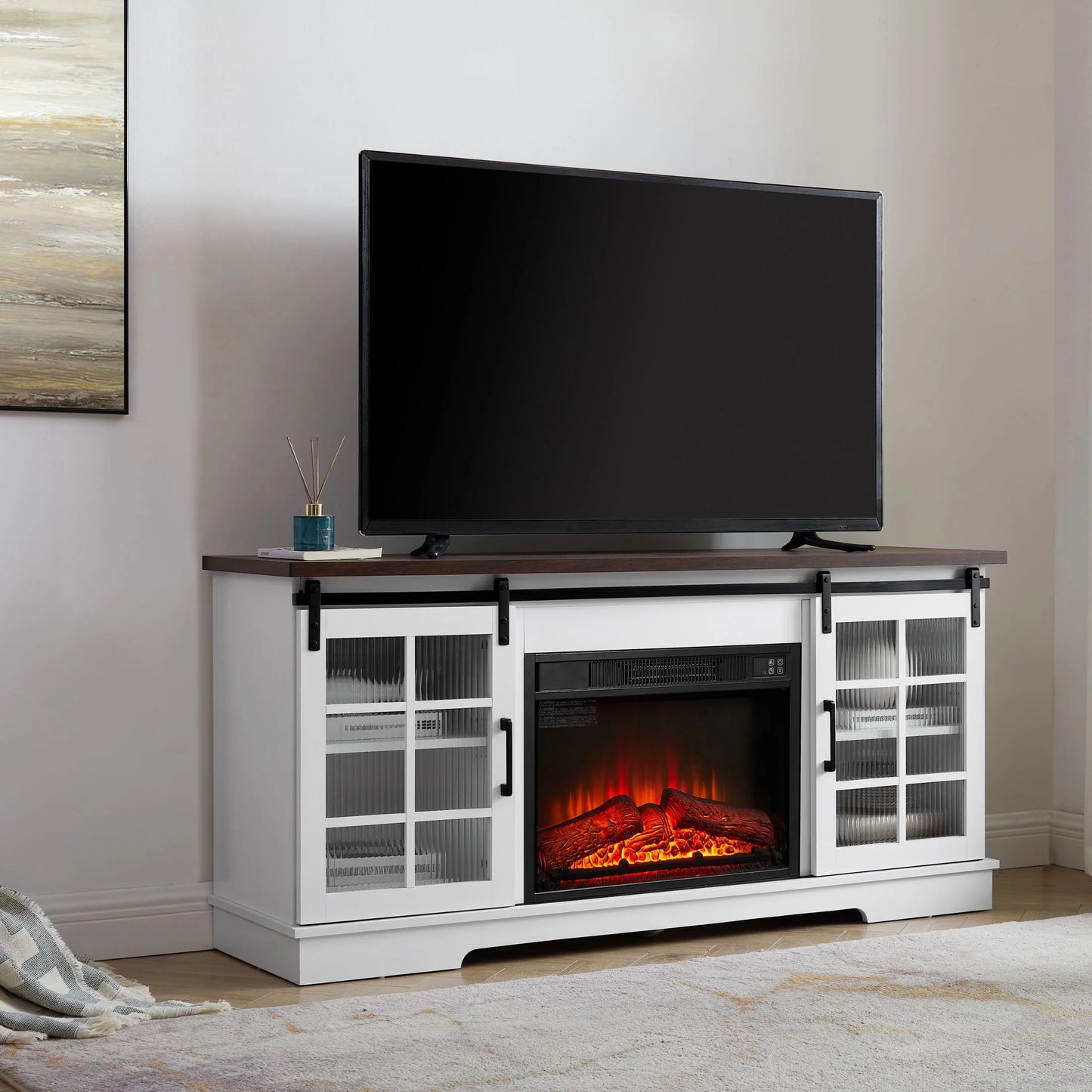 IMKHK TV Stand with Remote Control Fireplace, Media Entertainment Center for TVs up to 70", Farmhouse TV Console Table with Sliding Glass Doors and 2 Storage Cabinets for Living Room, Charcoal Gray