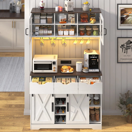 72" Tall Kitchen Pantry with LED Light & Power Outlet & Wine Rack, Large Pantry Hutch Cabinet with Sliding Barn Door & Glass Doors & 4 Drawers