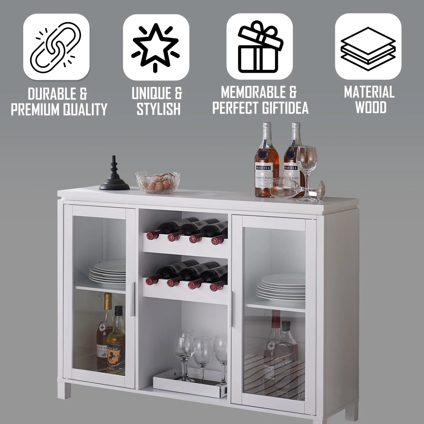 Kings Brand Furniture - Wine Bar Storage Cabinet, Sideboard Buffet with Wine and Glass Rack for Kitchen, Living Room, Dining Room (White)