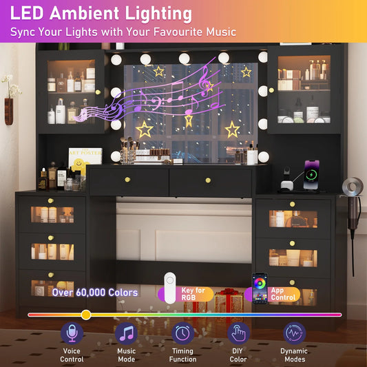 Blotout 62'' Large Vanity Desk with 2 RGB Glass Cabinets, Power Outlet, Glass Top, 11 LED Bulbs, 6 Translucent Drawers, 3 Lights Mode LED Mirror, Bedroom Makeup Vanity for Women, Girls