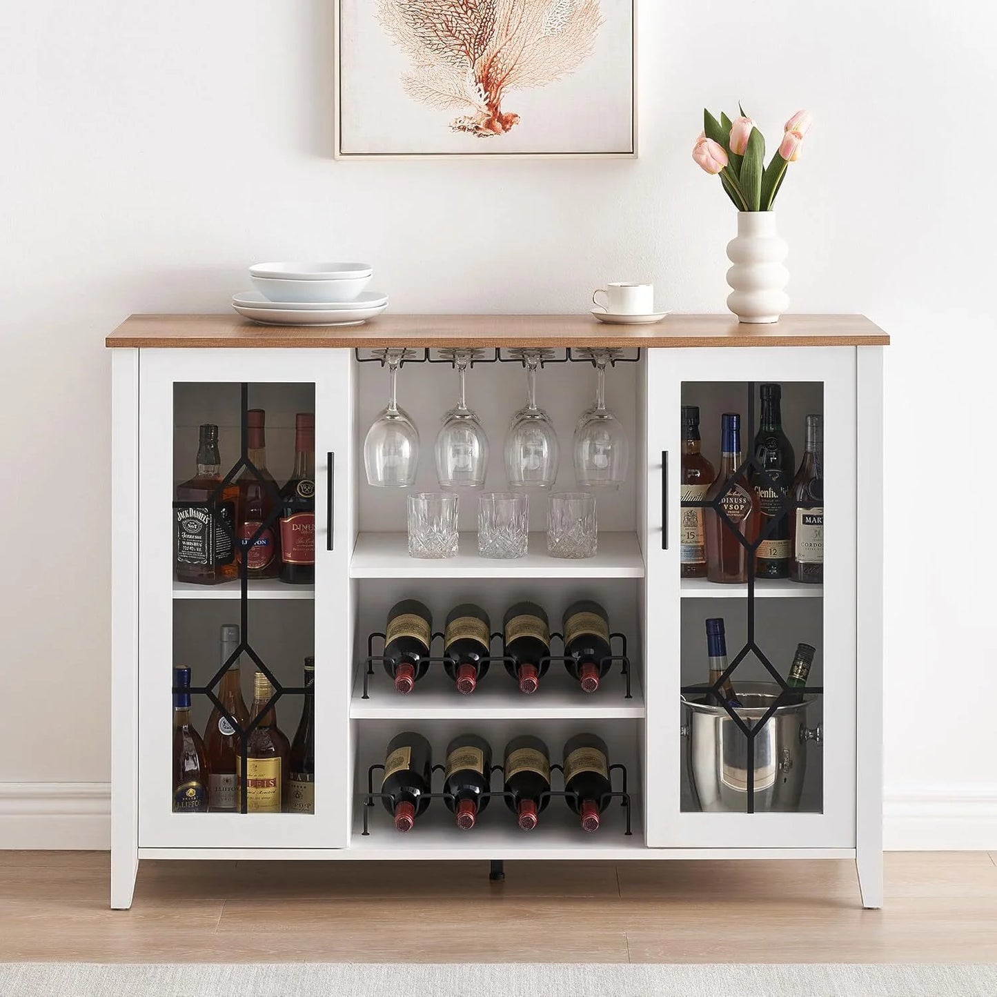 FOLDLIFE Wine Bar Cabinet with LED Lights, Liquor Cabinet Bar with Storage Cabinet, Coffee Cabinet with Bottles and Glass Rack, Buffet Sideboard with Storage Cabinet& Drawers,Dark Grey