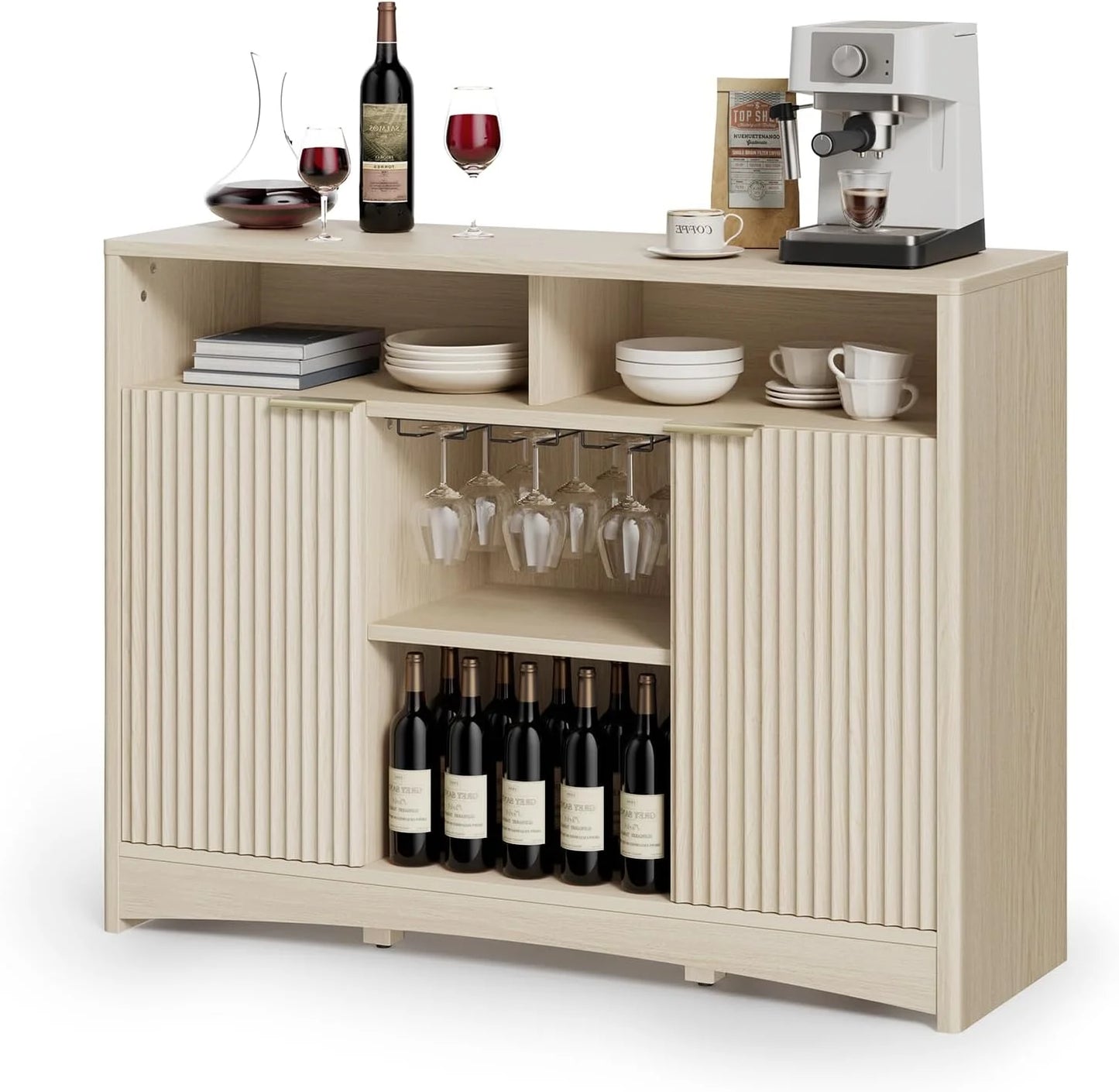 Amada 47.2" Wine Bar Cabinet for Liquor and Glasses, Modern Fluted Wood Coffee Bar Cabinet with Wine & Glass Rack, Buffet Sideboard with Adjustable Shelves for Home Dining Room Kitchen, Natural Oak