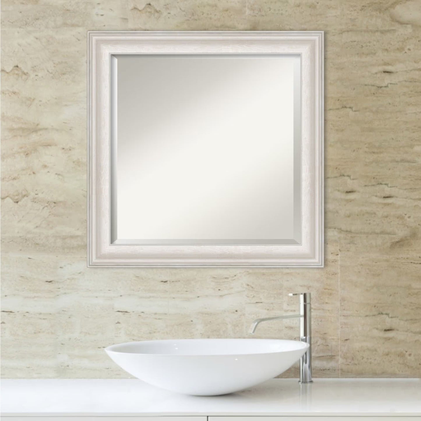 Amanti Art Wall Mounted Framed Vanity Mirror, Glass Size 40x30, Trio White Wash Silver