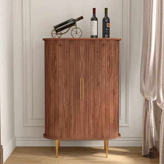 HLR Coffee Bar Cabinet with Tambour Door: Wine Rack, Glass Holder, & Storage Buffet for Home & Living Room Brown