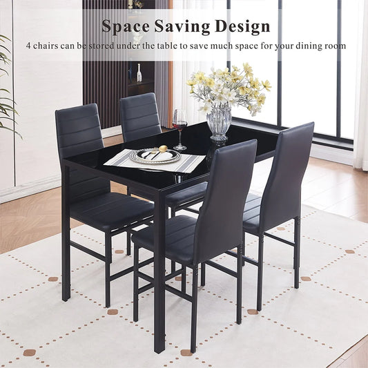 Dining Table Set for 4, 5 Piece Kitchen Table and Chairs with Black Tempered Glass Table Top and 4 Black Faux Leather Metal Frame Chairs,47.2" x 27.5" x 29.5"