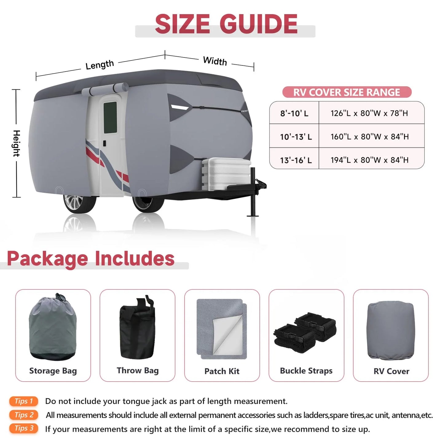 Fiberglass Travel Trailer Cover for 8'-10' 80" Wide Camper Cover 7 Layers Top RV Cover Windproof Strap Adhesive Repair Patches