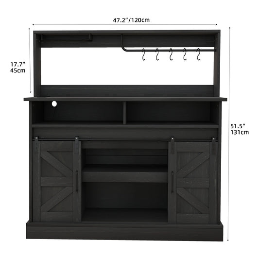 Dextrus 47" Farmhouse Coffee Bar Cabinet,Buffet Cabinets with Power Socket, Wine Glass Rack, Barn Door for Kitchen Black
