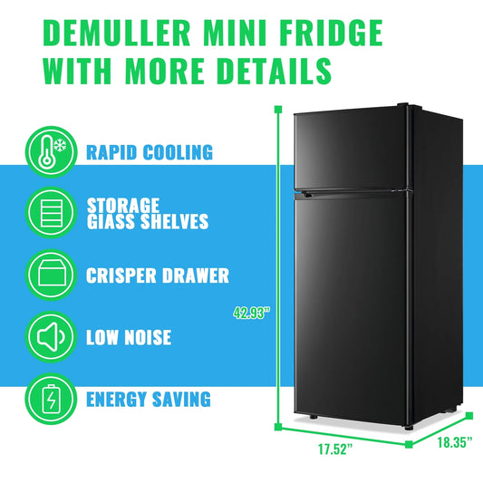 DEMULLER 4.5 Cu.ft Small Refrigerator Mini Fridge with Double Door 3 Removable Glass Shelves Black