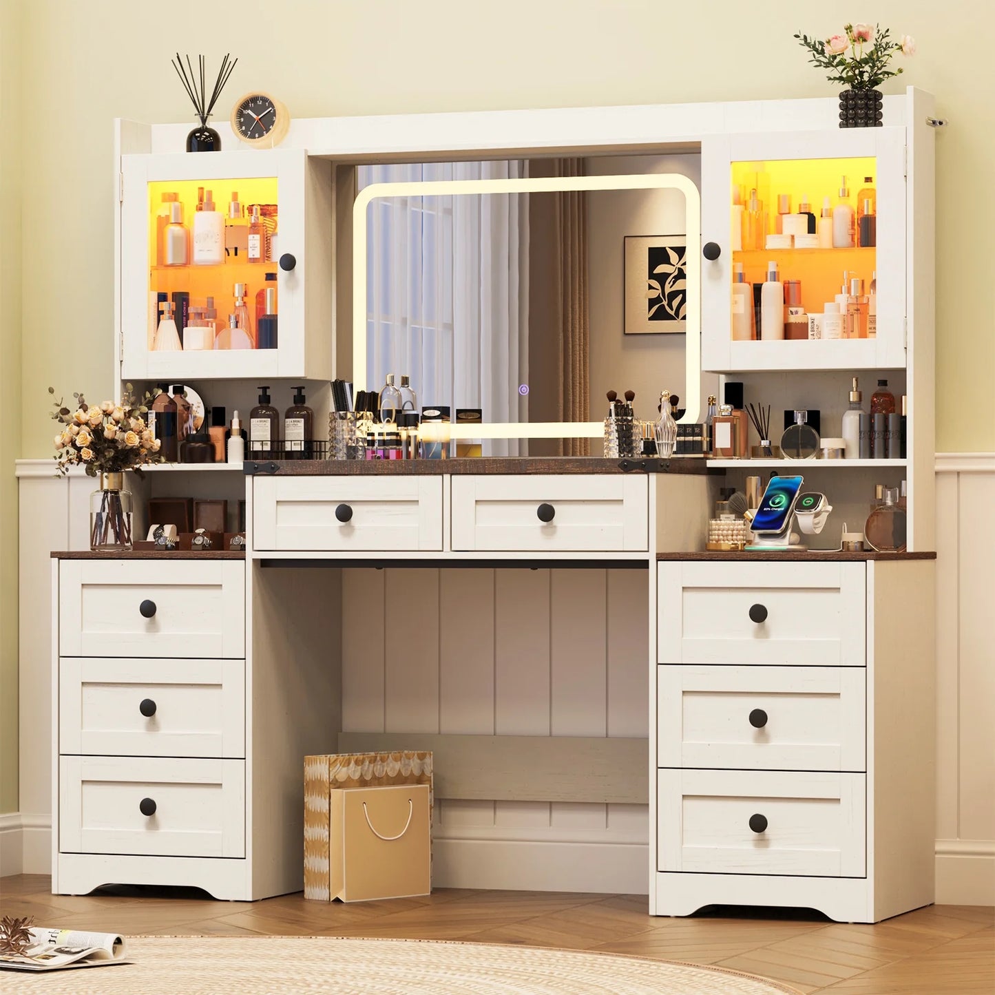 ANPOO 60" Farmhouse Vanity Desk with Outlet, Mirror Lights, Tempered Glass Top, Big Makeup Vanity Table with 2 RGB Glass Cabinets, 60000-color LED Lights, Wood Makeup Desk for Women, Girls, Brown