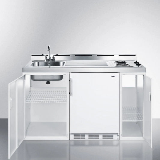 60" Wide All-In-One Kitchenette, White, Glass Cooktop