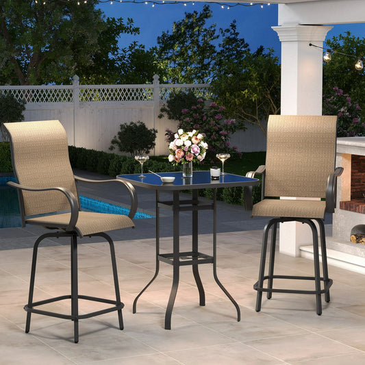 Poteban Patio Bar Height Table with Umbrella Hole, 2-Tier High Top Outdoor Bistro Table, Square Tempered Glass Metal Table for Patio, Lawn, Bar
