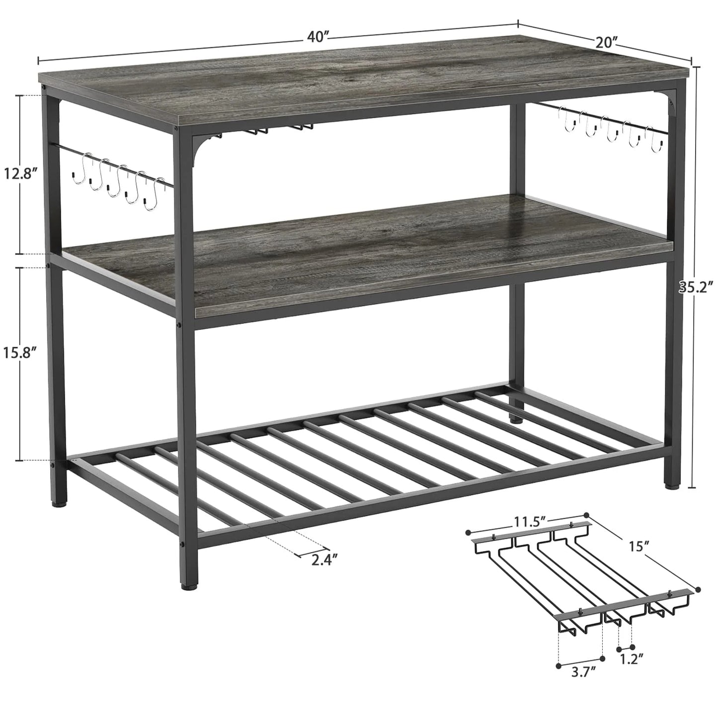 Homieasy Kitchen Island with Wine Glass Holder, Industrial Wood and Metal Coffee Bar Rack, 3 Tier Spacious Prep Table Extended Counter with Hooks Easy to Assemble, Gray Oak