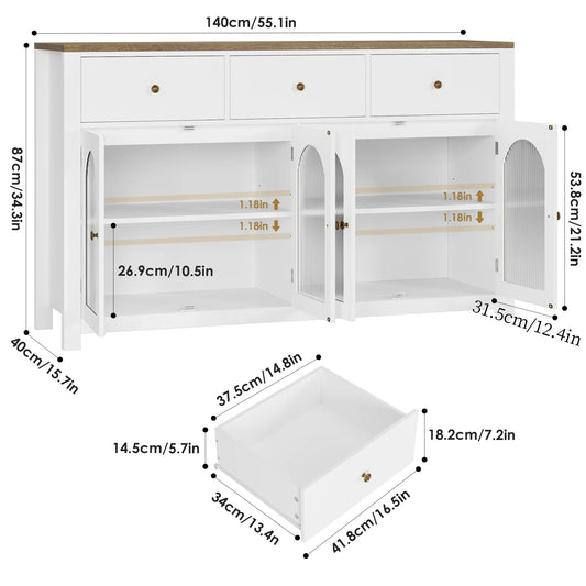 Homfa 55'' Large Sideboard Buffet Cabinet, Kitchen Storage Cabinet with 3 Drawers and 4 Glass Doors, Wood Coffee Bar Cabinet for Living Room, White