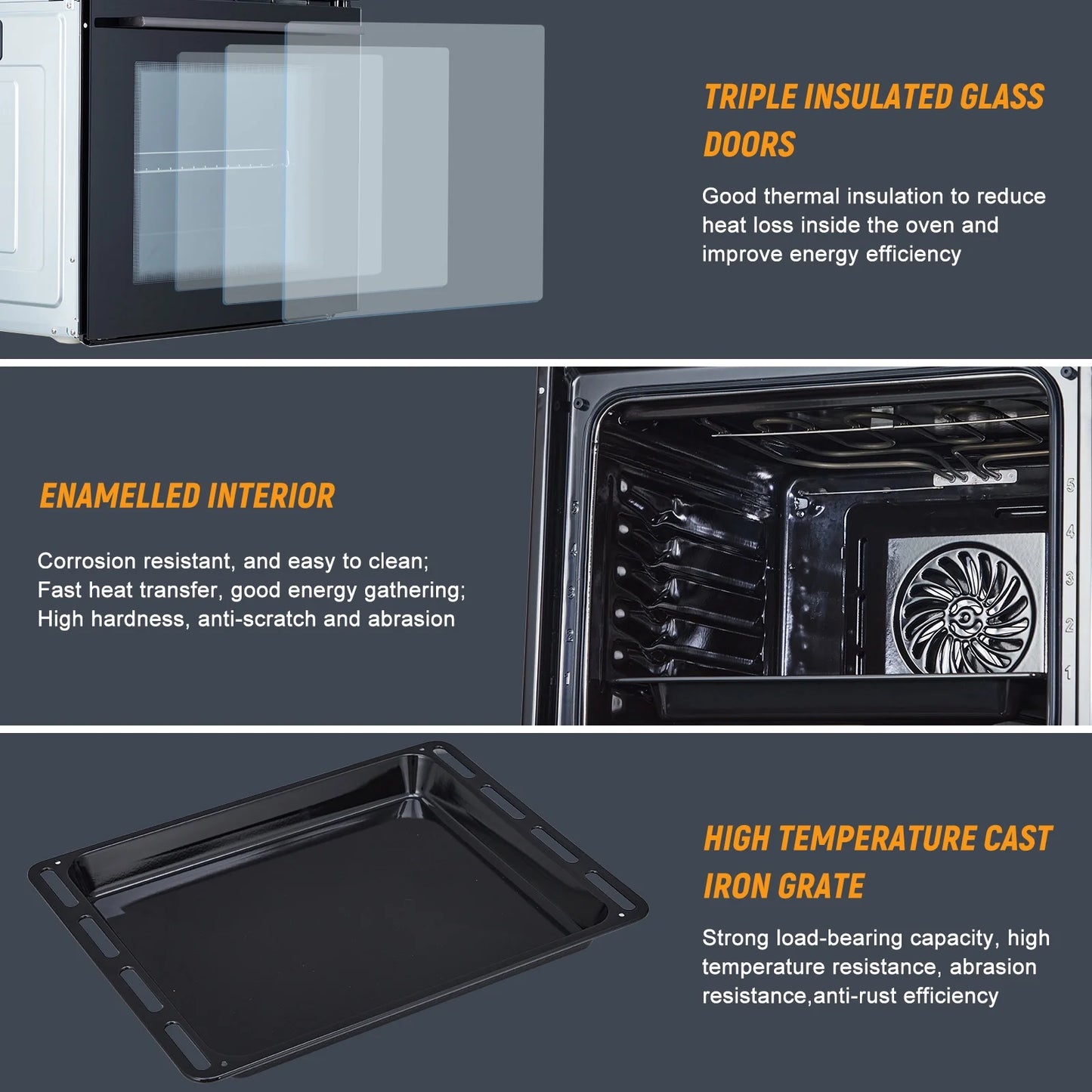 Single Wall Oven 24" Built-In Electric Ovens, 66L Capacity, 3000W, 8 Baking Modes, 3D Surround Heating With Double-Layered Glass Door, Touch Control