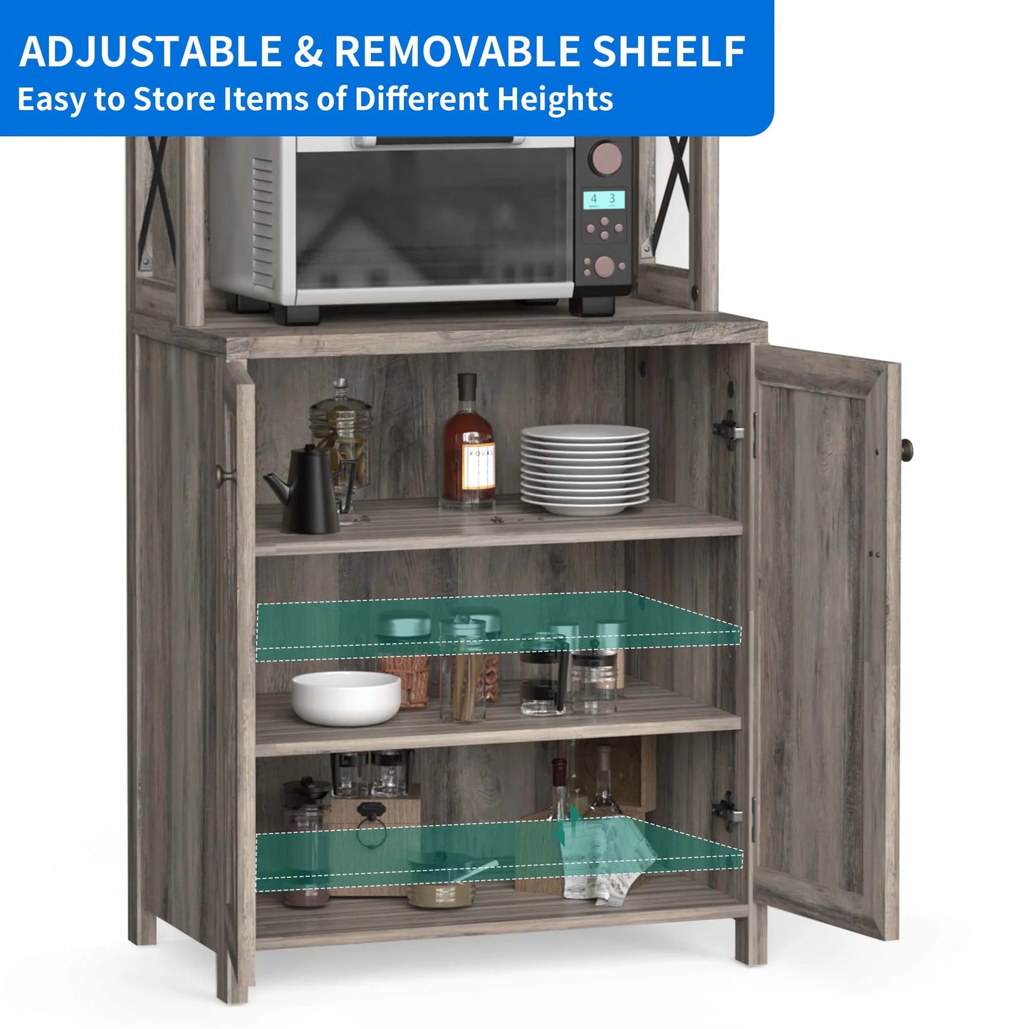 DEXTRUS 67" Tall Kitchen Pantry Cabinet with Glass Hanging Rack, Liquor Storage, Home Wine Bar, Gray