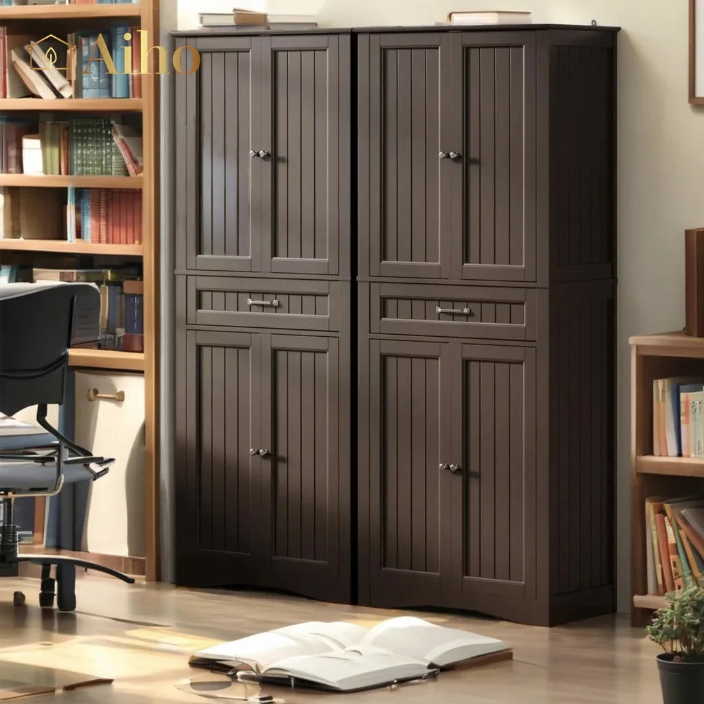 Aiho 67" Kitchen Pantry Storage Cabinet, Pantry Storage Cabinet with 2 Drawers and Glass Doors for Kitchen, Dining Room - White