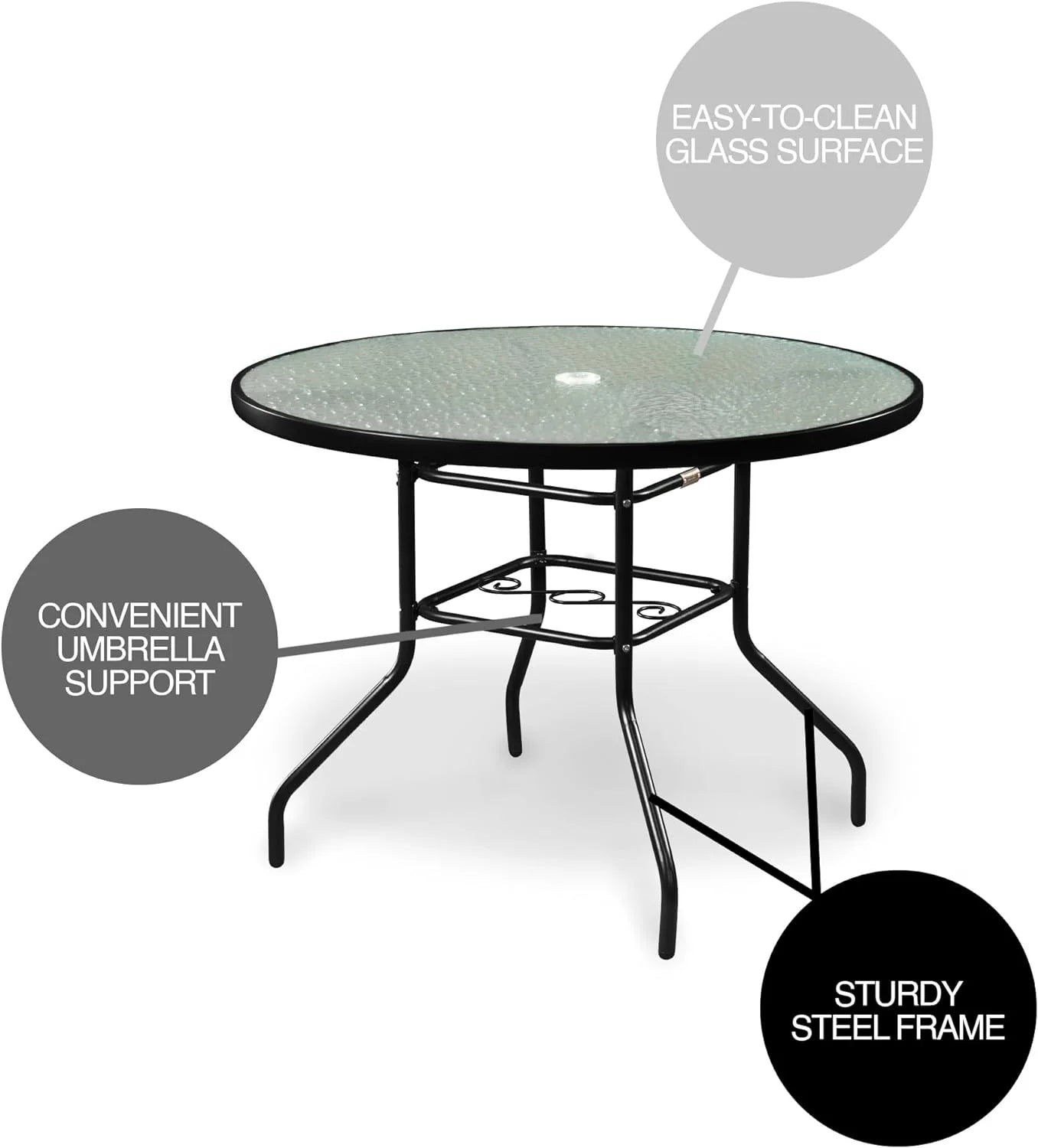 Outdoor Steel Dining Table Patio Furniture, Round Waterwave Glass Top, Black, 40"