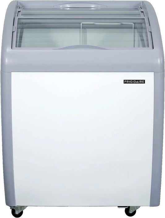 Frigidaire Commercial Chest Freezer for Ice Cream and Frozen Foods, Glass Top Display Storage Case, 4 Cu. Ft. Bin, Rolling Caster Wheels, Adjustable Temperature, Energy Efficient Cooling