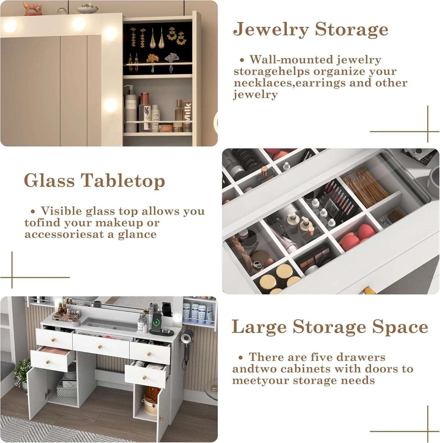 White Vanity Desk with Large Lighted Mirror & Power Outlet, Makeup Vanity Table with Glass Top & Drawers, Sliding Storage, 44.1" Large Makeup Vanity Table for Women Girls, White