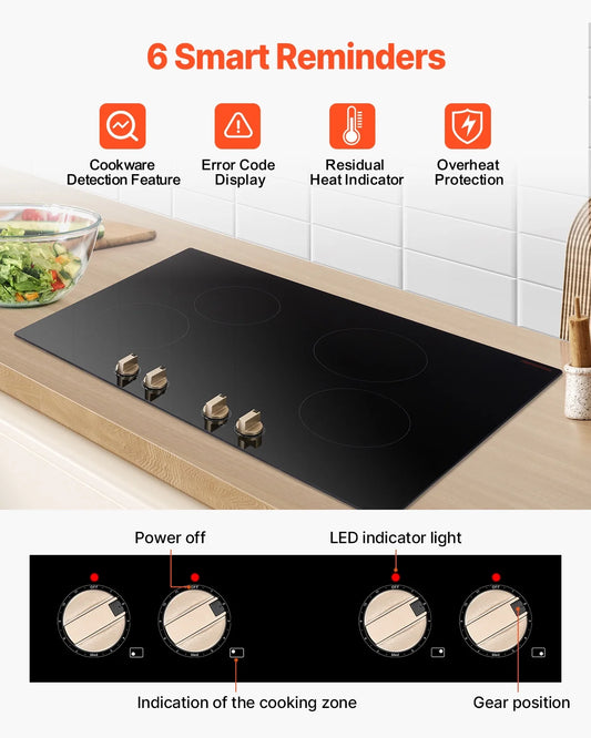 KFFKFF 4 Burner Built-in Electric Cooktop, 6600W 30" Built-in Top Electric Stove, with Knob Control, Temperature & Power Levels, Glass Top, Independent Control for Different Pots