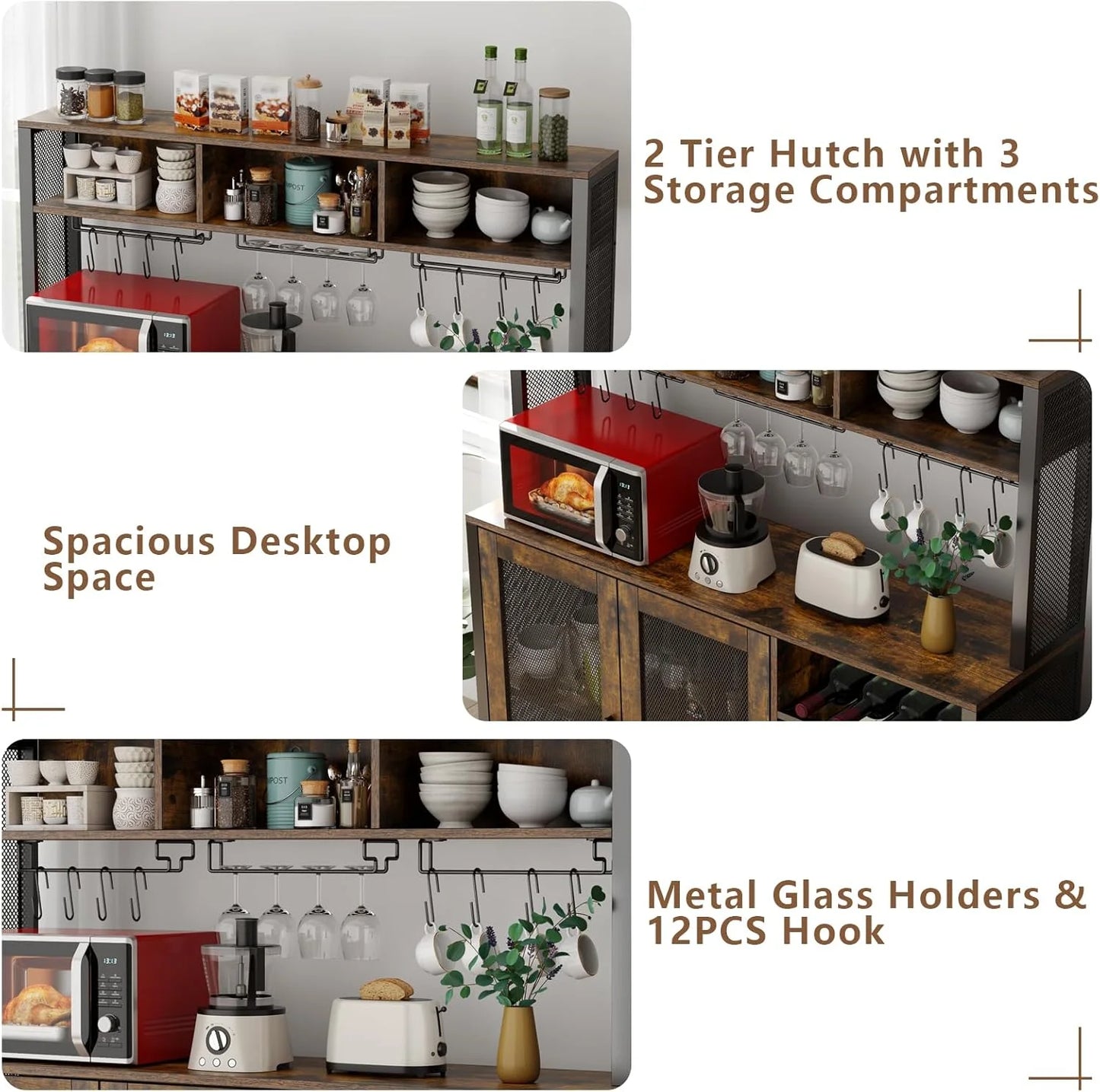 Wine Bar Cabinet with LED Lights, Rustic Brown Industrial Coffee Bar Station with Wine Rack, Glass Holder & 3 Storage Compartments, Liquor Buffet Sideboard for Kitchen & Dining Room