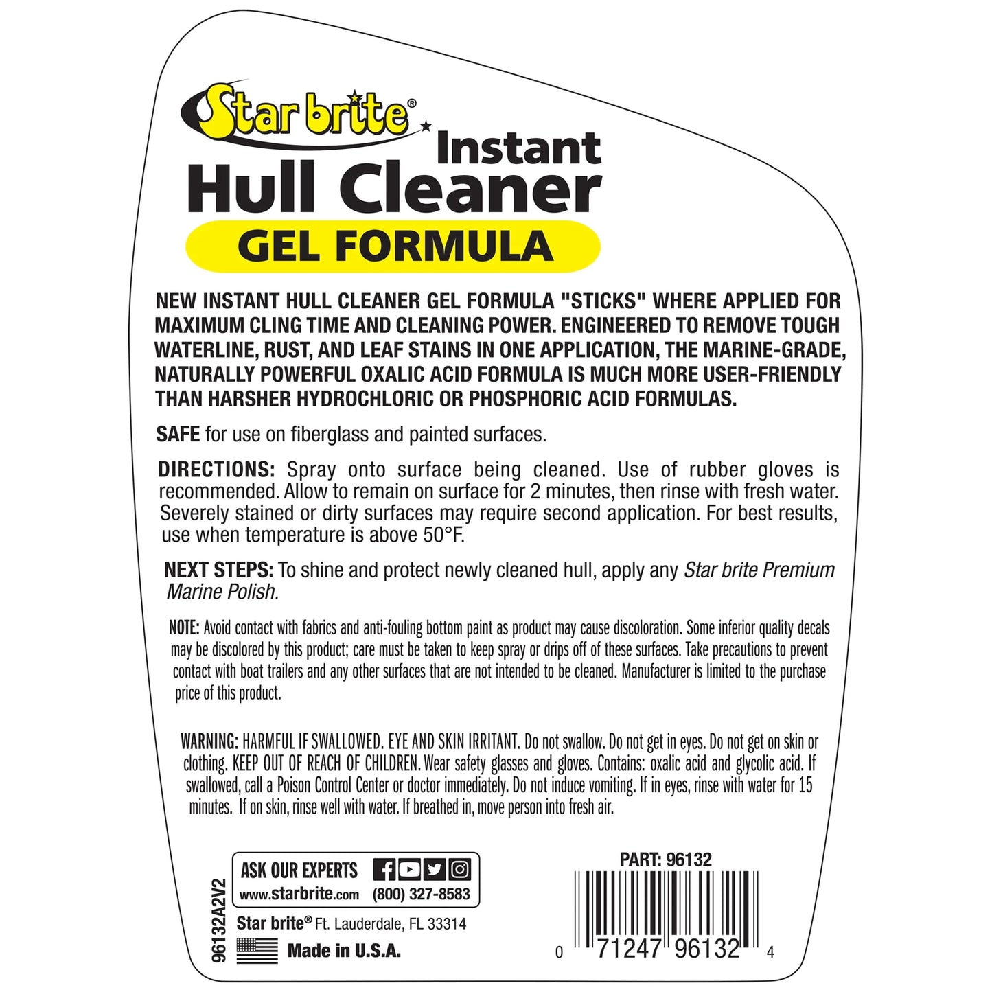 STAR BRITE Instant Hull Cleaner - 32 Oz Gel Spray - Easily Remove Stains, Scum Lines & Grime on Boat Hulls, Fiberglass, Plastic & Painted Surfaces - Easy to Use Formula (096132)