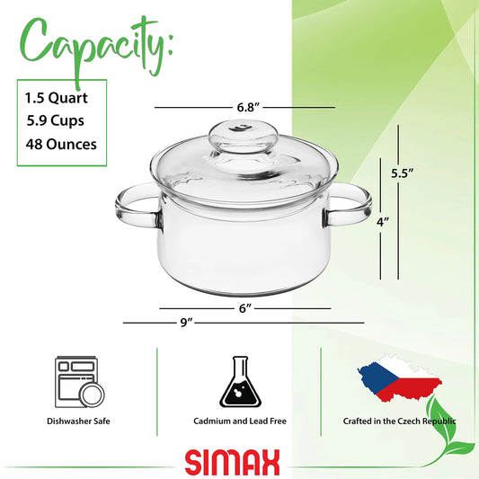 Simax Glassware 1.5 Quart Glass Pot With Lid | Heat Resistant Handles Doubles as Serving Dish - Made from Oven, Microwave, Stove and Dishwasher Safe Borosilicate Glass Small Glass Pot
